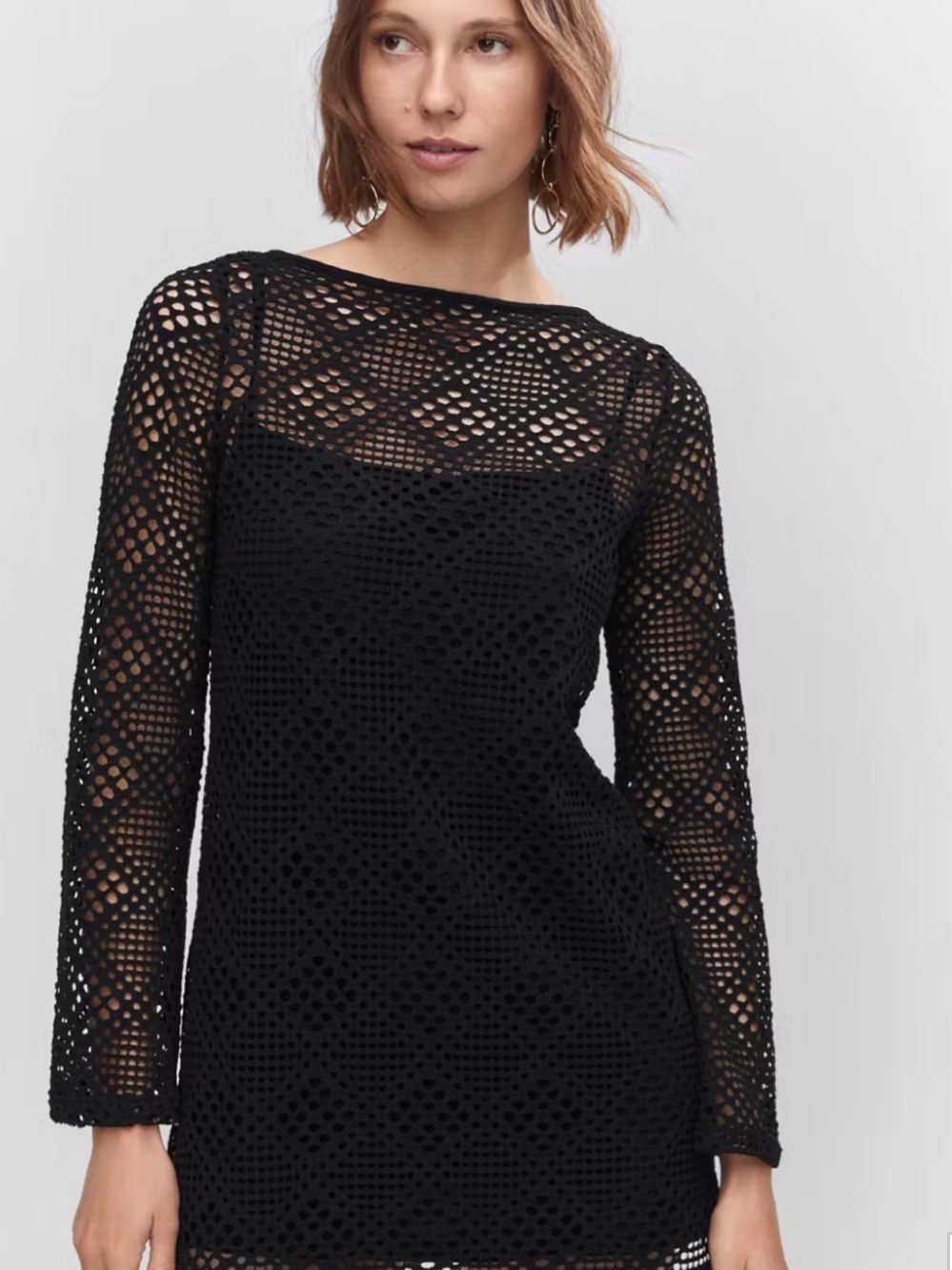 Mango Black Crochet Long Sleeve Mini Dress
